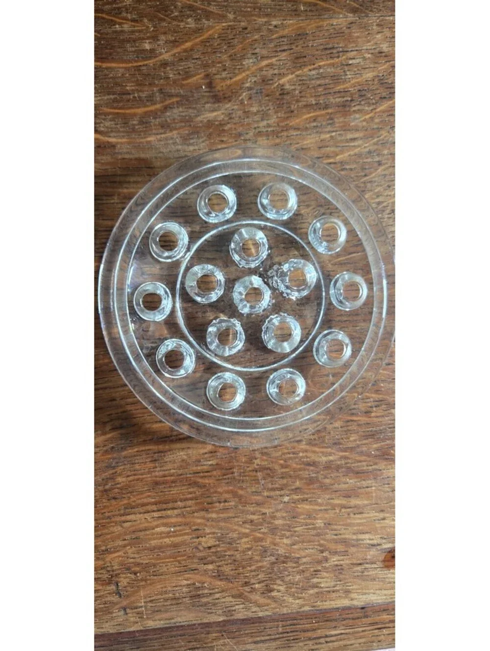 Vintage Clear Round Glass 16 Hole Flower Frog Flowers Arrangements Holder 5”